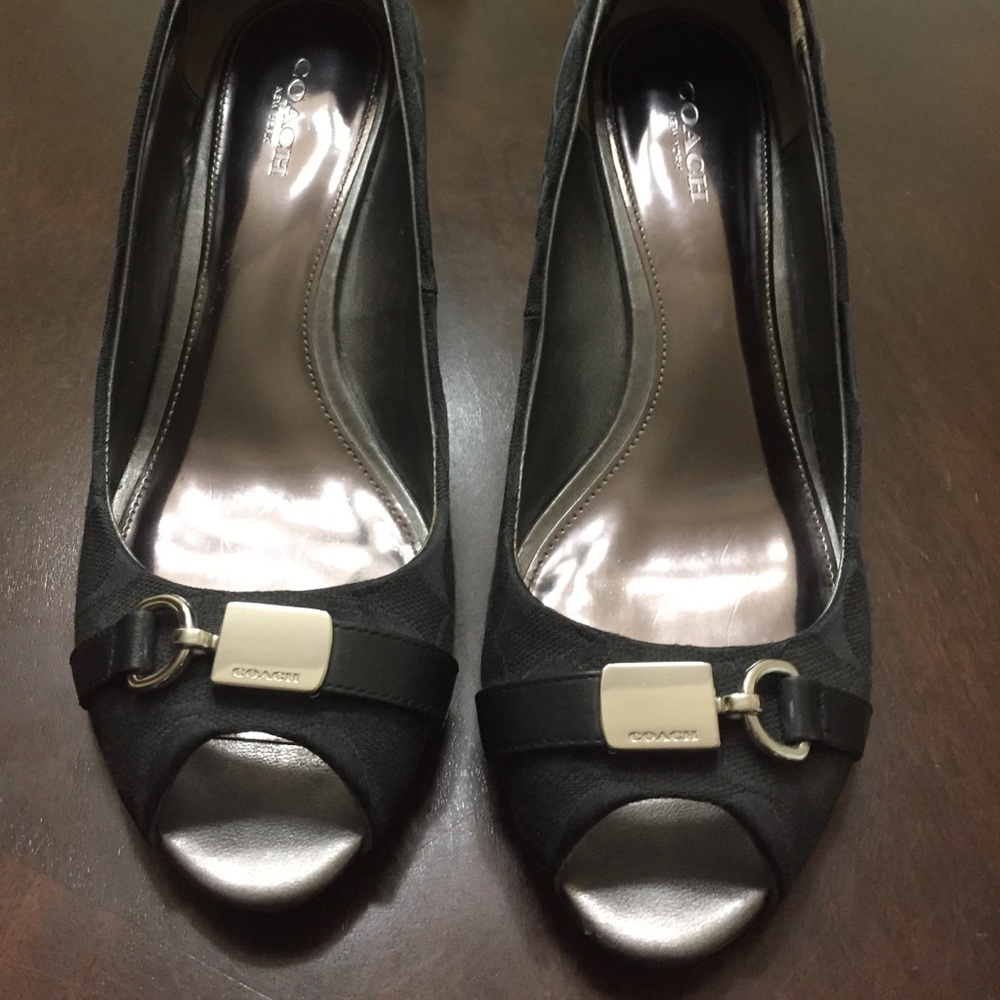 Black Coach peep toe wedges with silver hardware